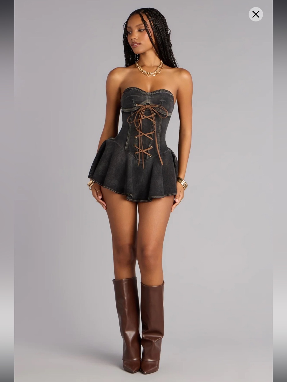 Strapless Lace-Up Black Denim Romper